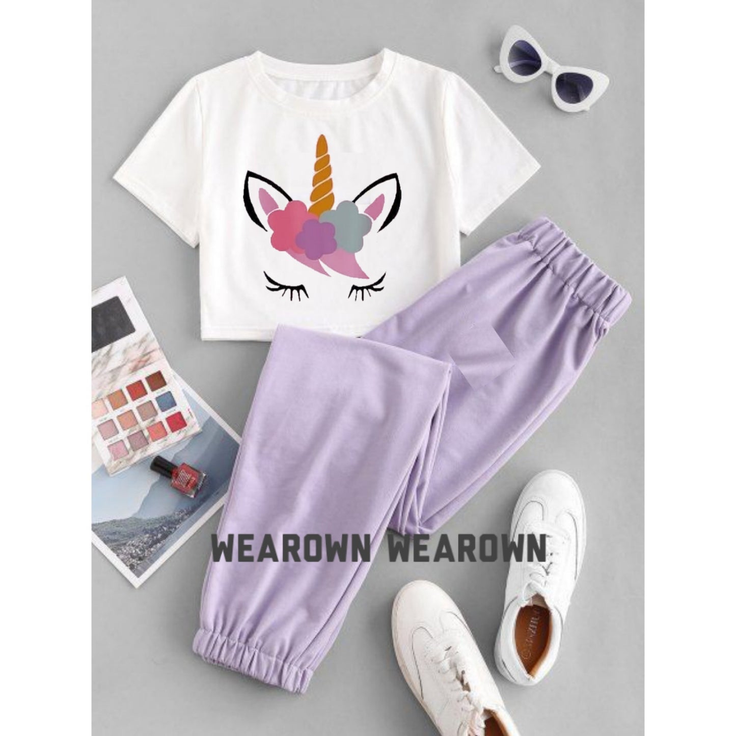 WHITE CROP TEE WITH UNICORN LILAC TROUSER TRACKSUIT