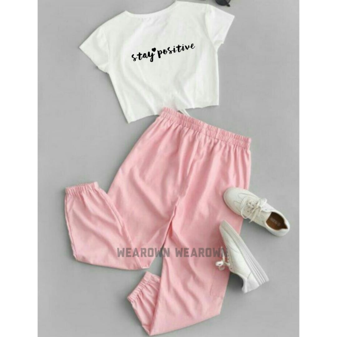 WHITE CROP TEE WITH STAY POSITIVE PINK TROUSER TRACKSUIT