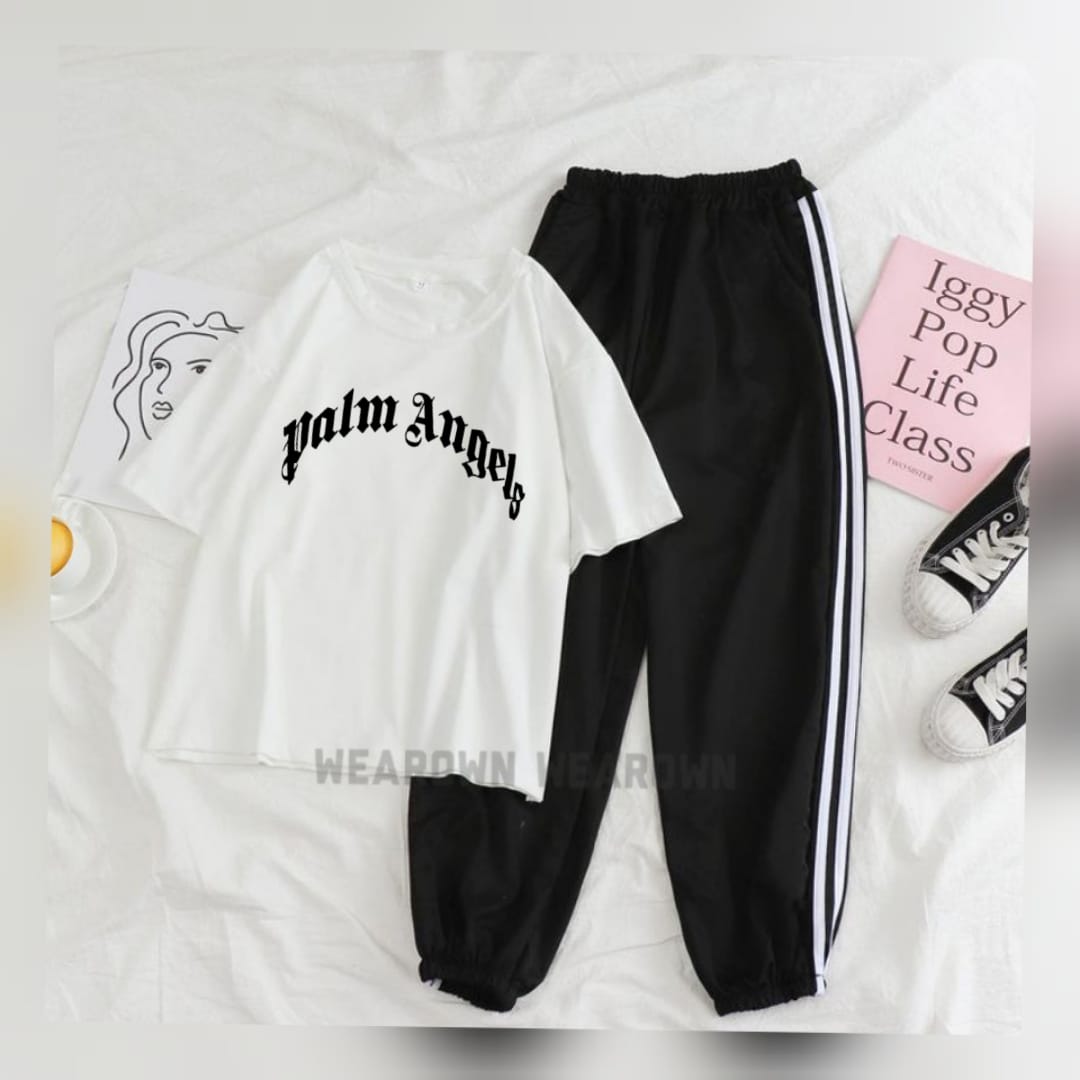 WHITE TEE WITH PALM ANGELES BLACK 3 PATTI TROUSER TRACKSUIT