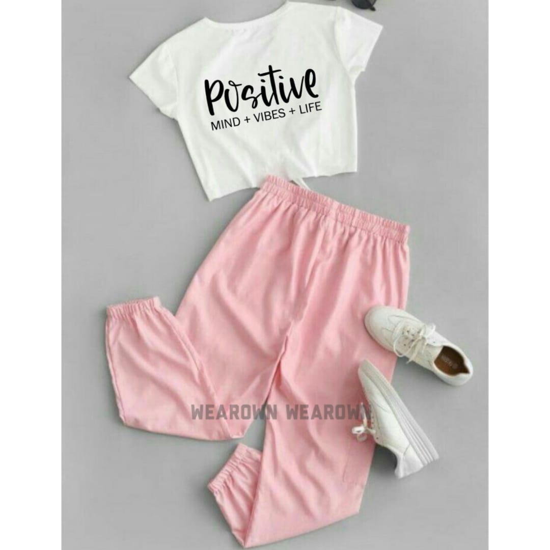 WHITE CROP TEE WITH POSITIVE MIND VIBES LIFE PINK TROUSER TRACKSUIT