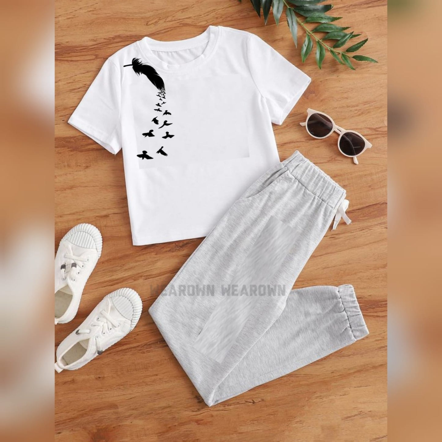 WHITE TEE WITH FEATHER SHOULDER GREY TROUSER TRACKSUIT