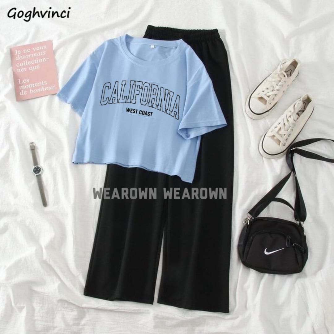 SKY BLUE CROP TEE WITH CALIFORNIA WEST COAST BLACK FLAPPER TRACKSUIT
