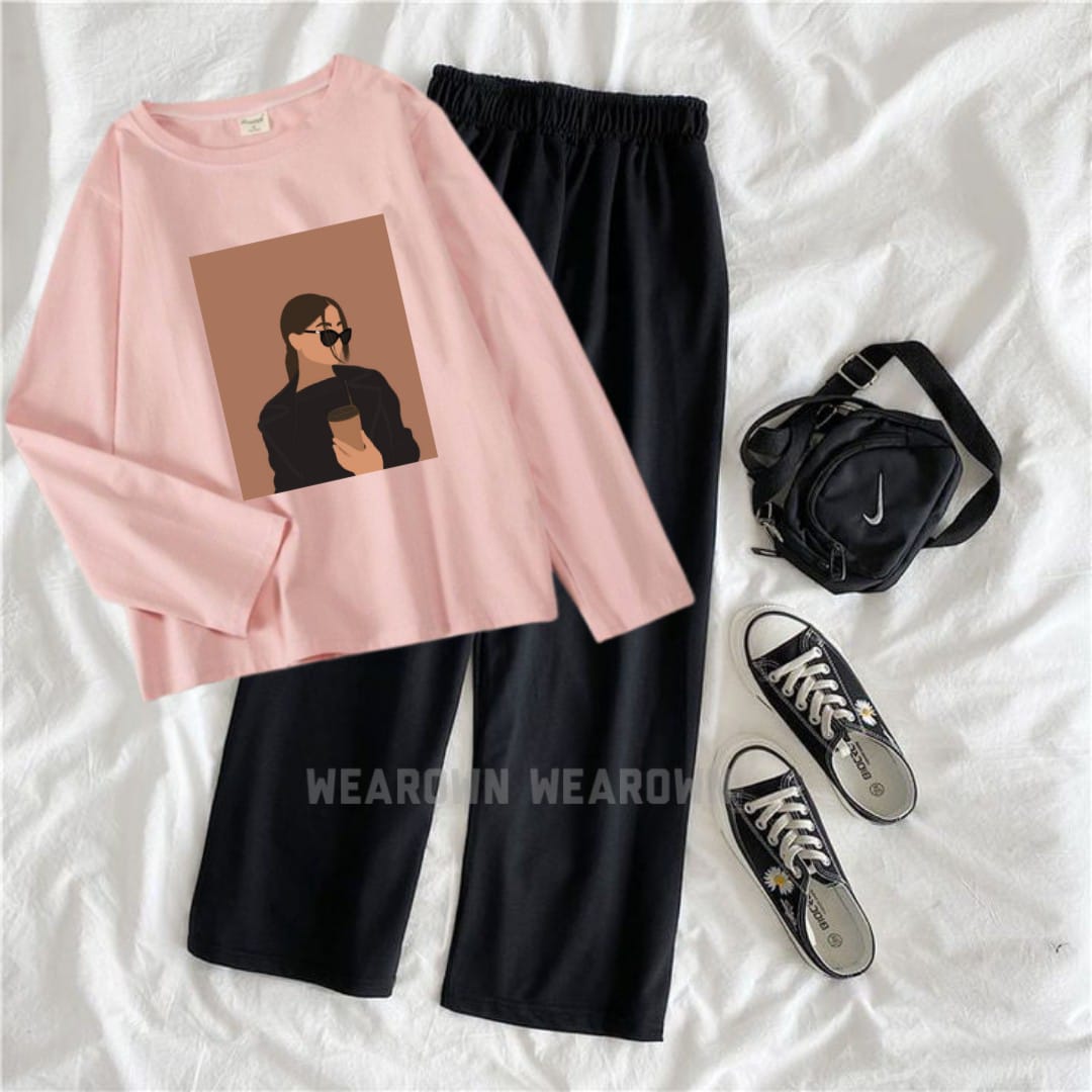 PINK TEE FULL WITH COFFEE GIRL BLACK FLAPPER TRACKSUIT