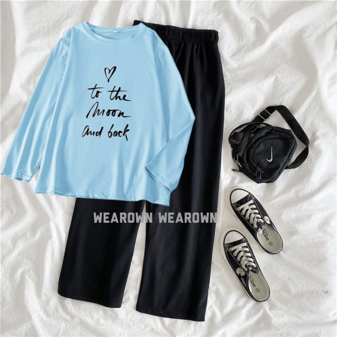 SKY BLUE TEE FULL WITH TO THE MOON AND BACK BLACK FLAPPER TRACKSUIT