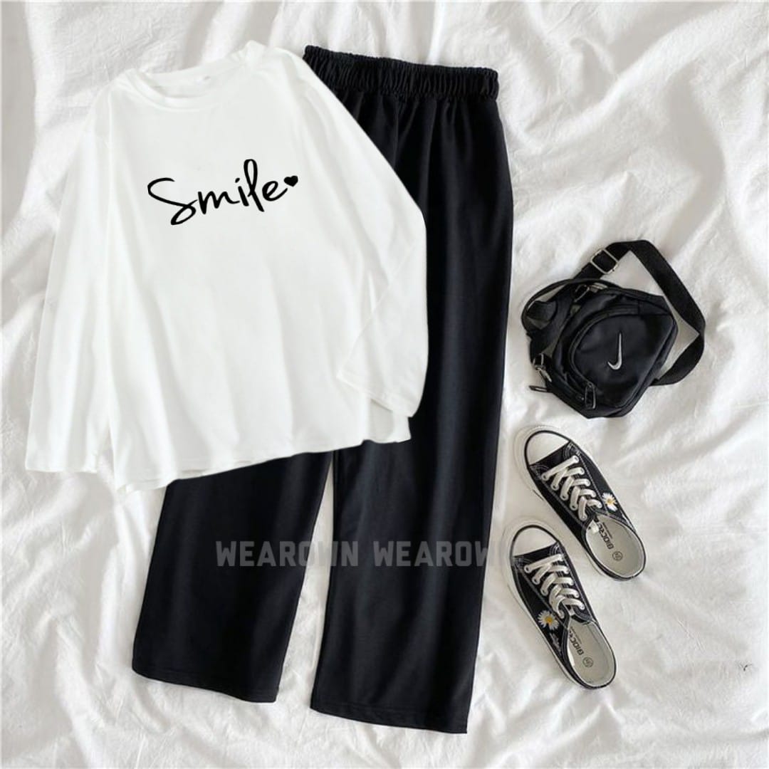 WHITE TEE FULL WITH SMILE BLACK FLAPPER TRACKSUIT