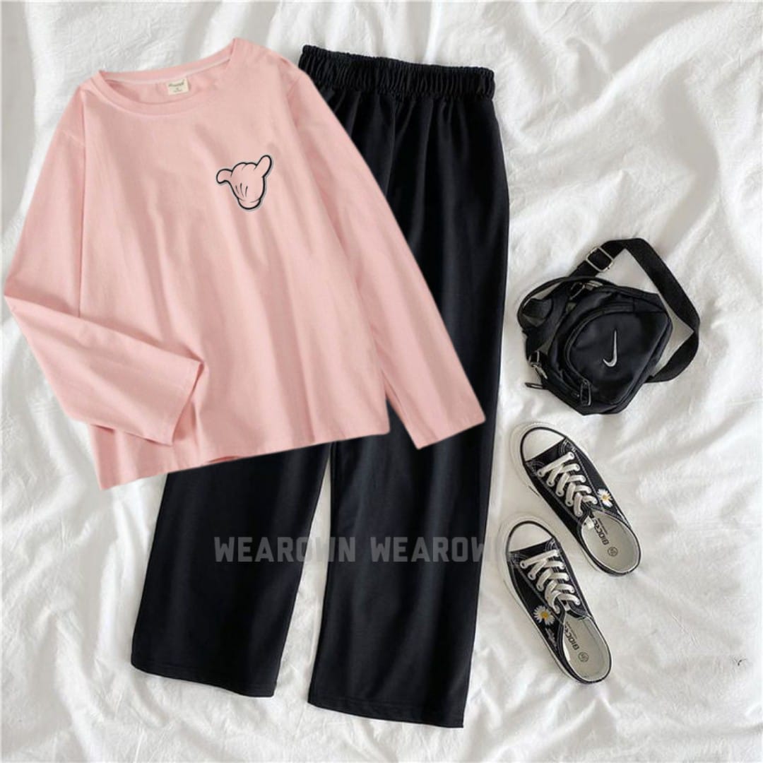 PINK TEE FULL WITH POCKET HAND CUSTOMIZED BLACK FLAPPER TRACKSUIT