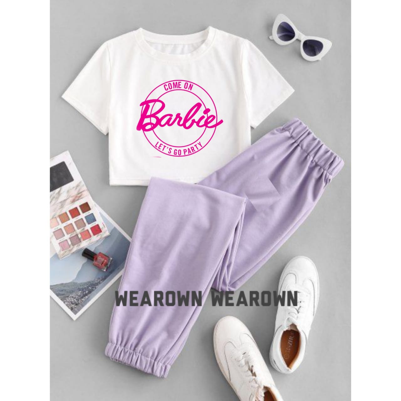 WHITE CROP TEE WITH COME ON BARBIE LILAC TROUSER TRACKSUIT