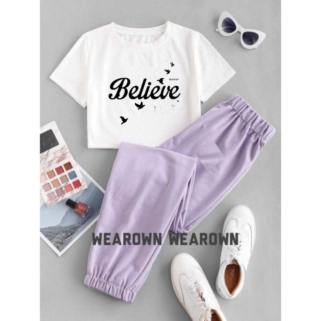 WHITE CROP TEE WITH BELIEVE BUTTERFLY LILAC TROUSER TRACKSUIT