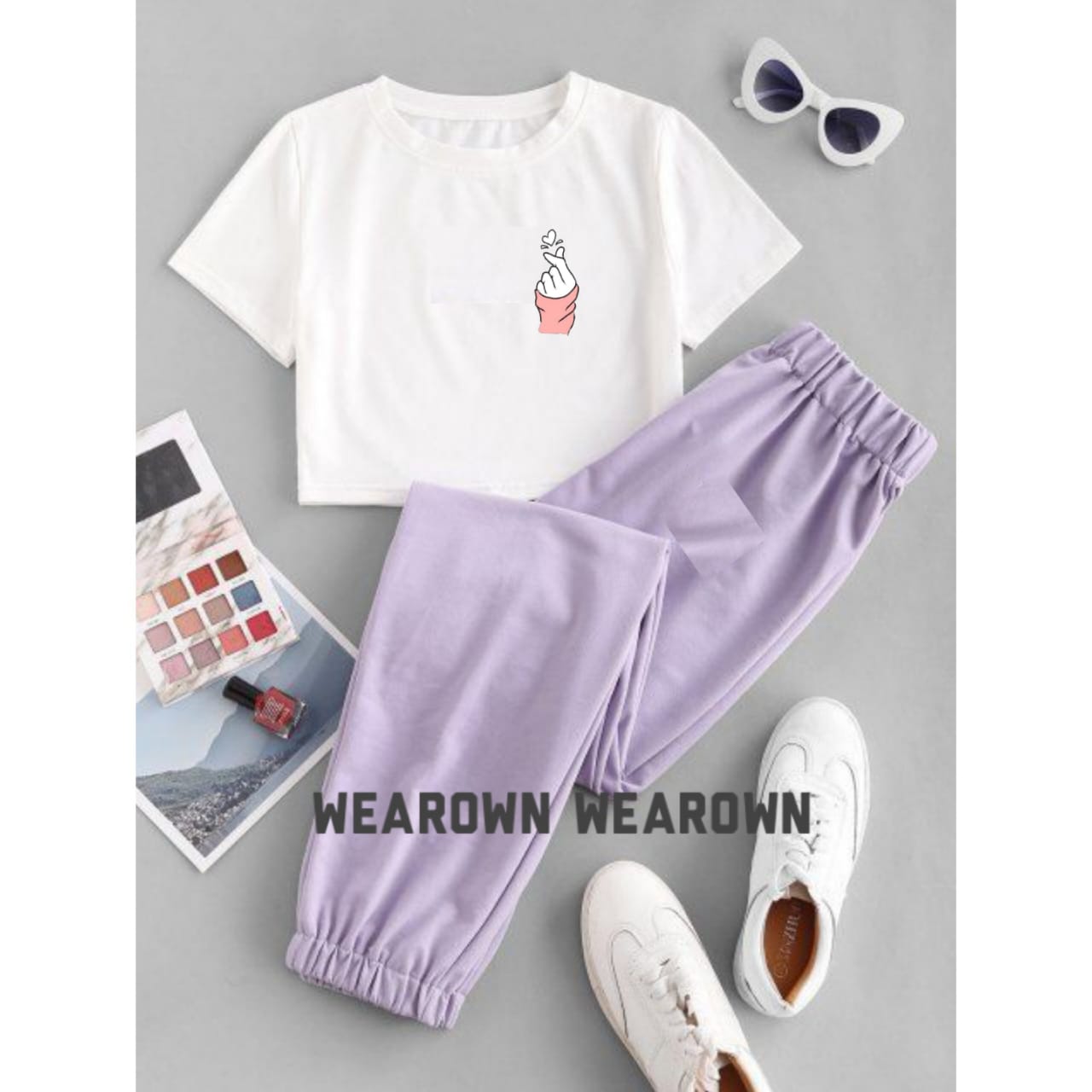 WHITE CROP TEE WITH POCKET LOVE CHARM LILAC TROUSER TRACKSUIT