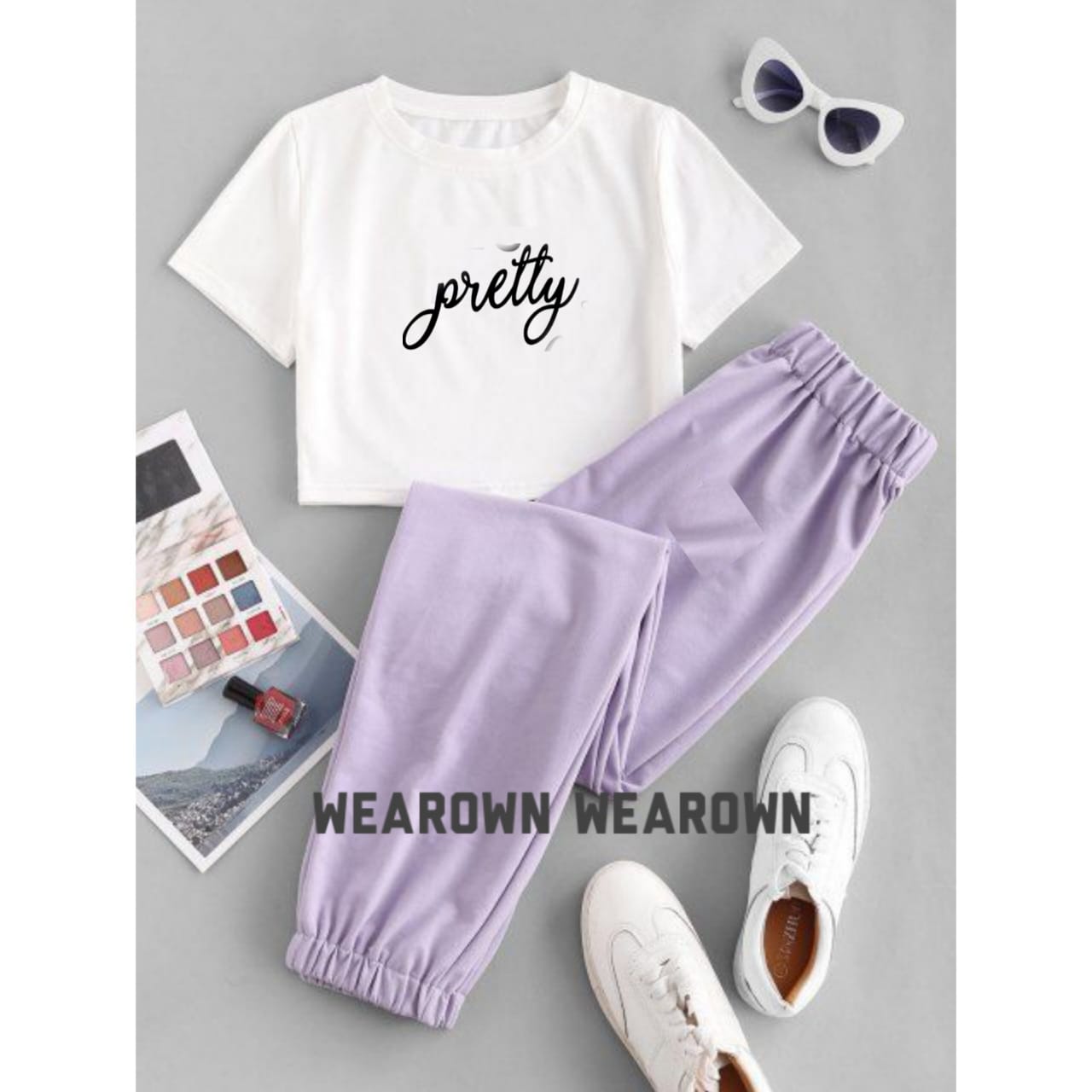WHITE CROP TEE WITH PRETTY LILAC TROUSER TRACKSUIT
