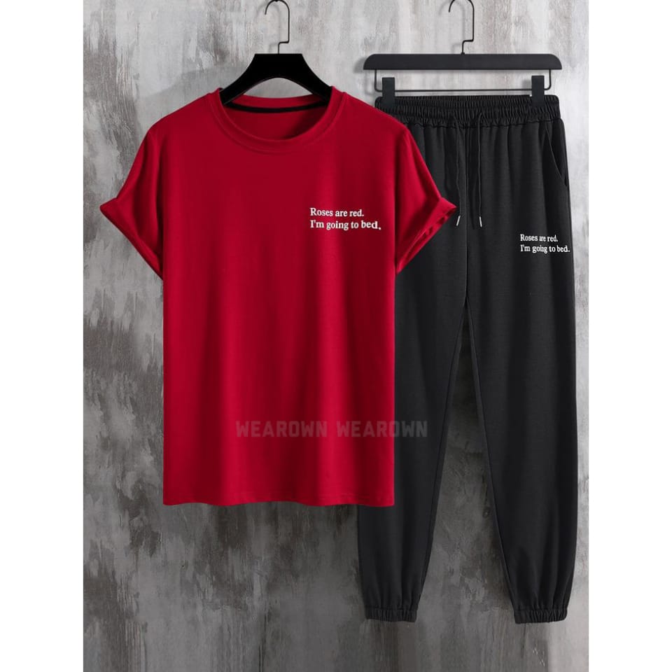 RED TEE WITH POCKET ROSES ARE RED BLACK TROUSER WITH POCKET ROSES ARE RED