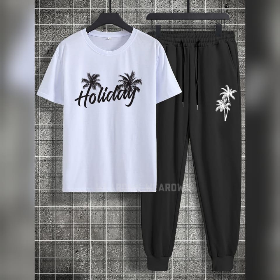 WHITE TEE WITH HOLIDAY BLACK TROUSER WITH POCKET PALM TREE