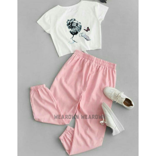 WHITE CROP TEE WITH GIRL HAIR FHN PINK TROUSER TRACKSUIT