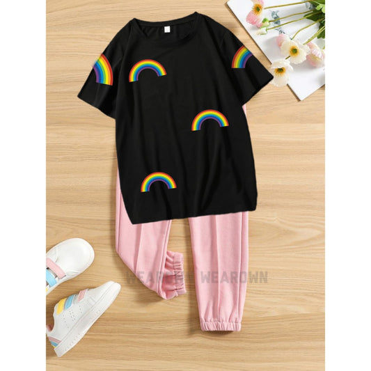 BLACK TEE WITH ALL RAINBOW PINK TROUSER