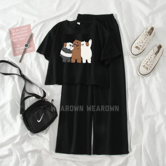 BLACK CROP TEE WITH 3 BEAR HUGGING BLACK FLAPPER TRACKSUIT
