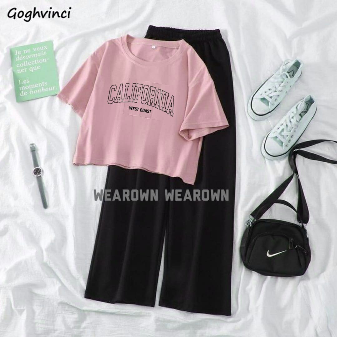 PINK CROP TEE WITH CALIFORNIA WEST COAST BLACK FLAPPER