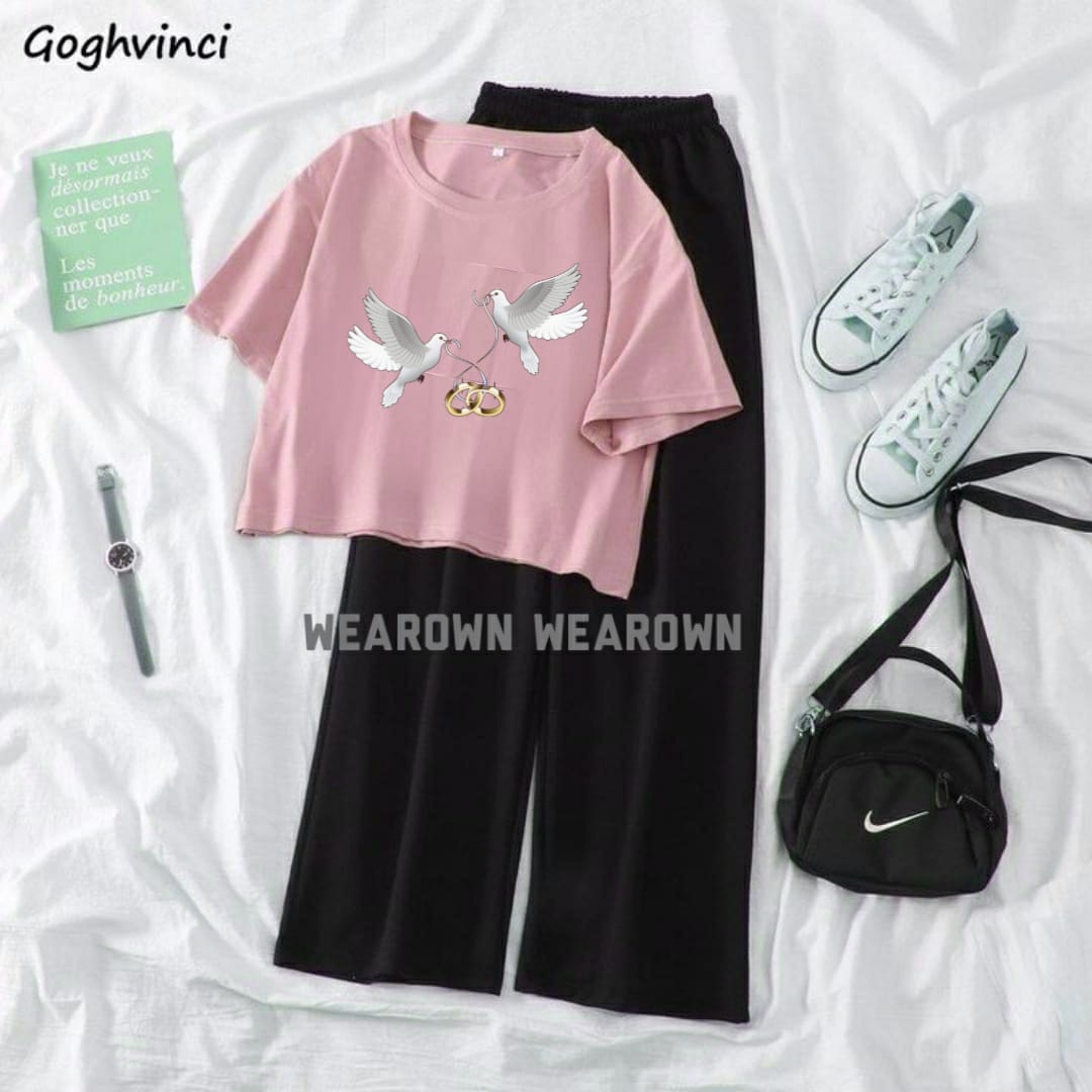 PINK CROP TEE WITH 2 BIRDS FLYING BLACK FLAPPER