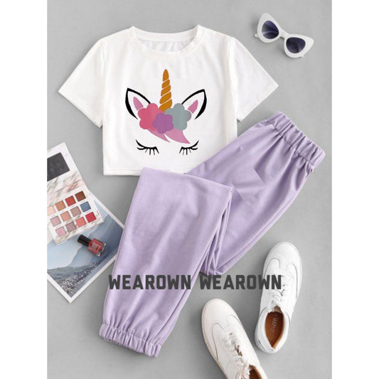 WHITE CROP TEE WITH UNICORN LILAC TROUSER TRACKSUIT