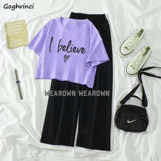 LILAC CROP TEE WITH I BELIEVE BLACK FLAPPER TRACKSUIT