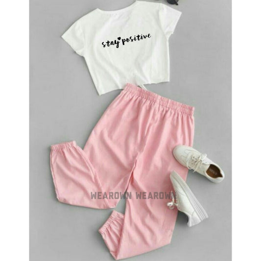 WHITE CROP TEE WITH STAY POSITIVE PINK TROUSER TRACKSUIT