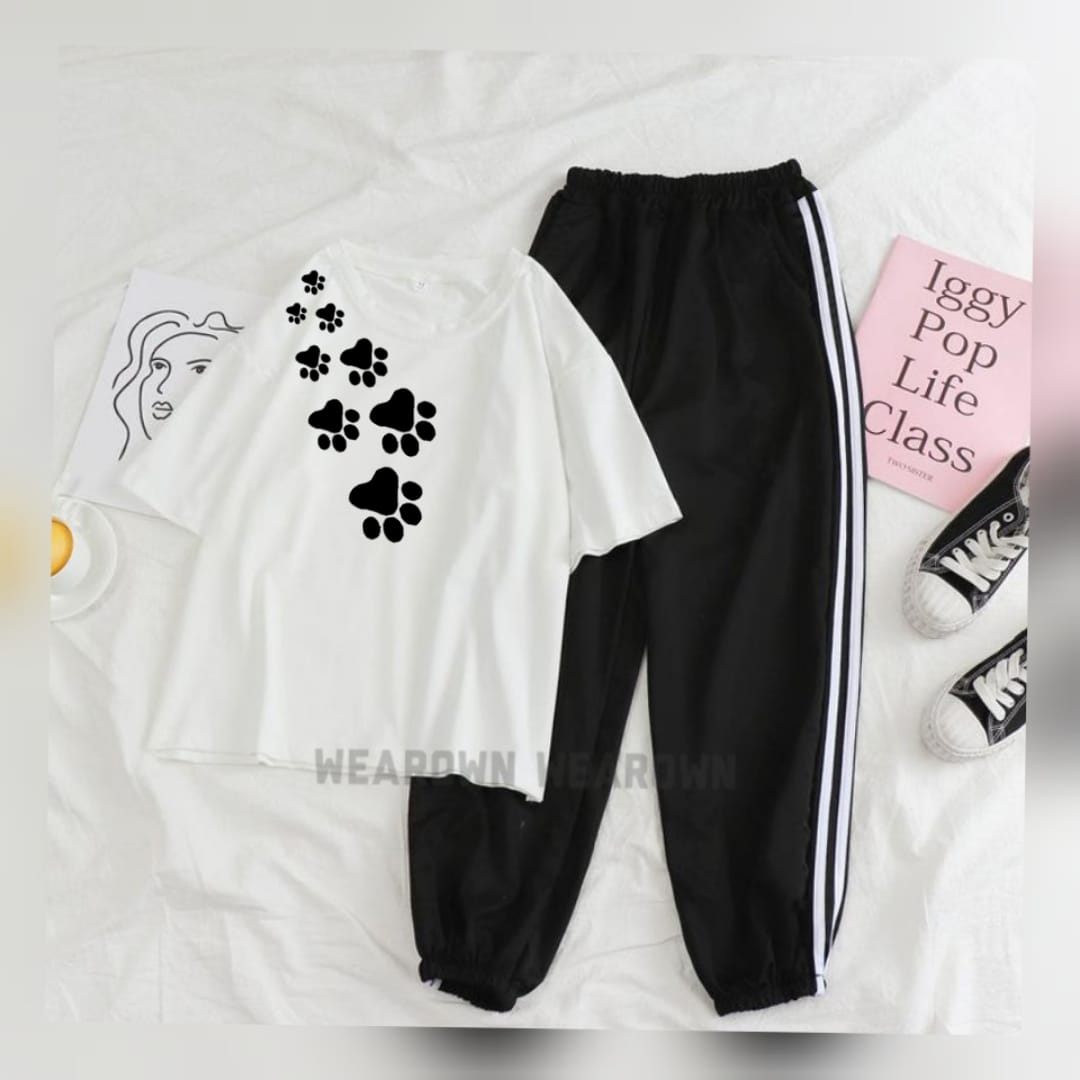 WHITE TEE WITH SHOULDER CAT PAWS BLACK 3 PATTI TROUSER TRACKSUIT