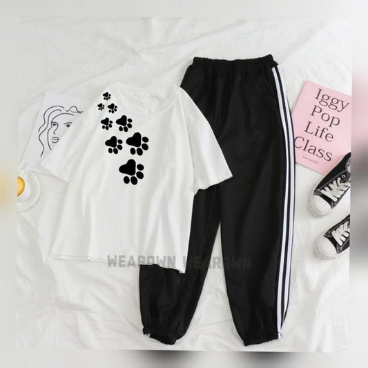 WHITE TEE WITH SHOULDER CAT PAWS BLACK 3 PATTI TROUSER TRACKSUIT