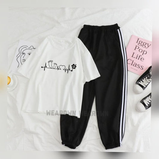 WHITE TEE WITH HEART BEAT PAWS BLACK 3 PATTI TROUSER TRACKSUIT