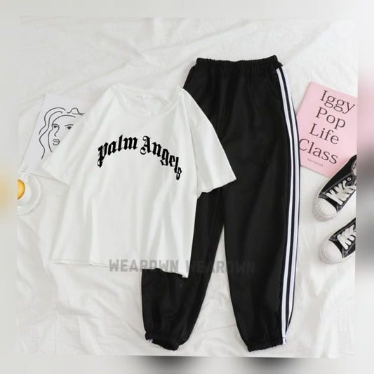 WHITE TEE WITH PALM ANGELES BLACK 3 PATTI TROUSER TRACKSUIT