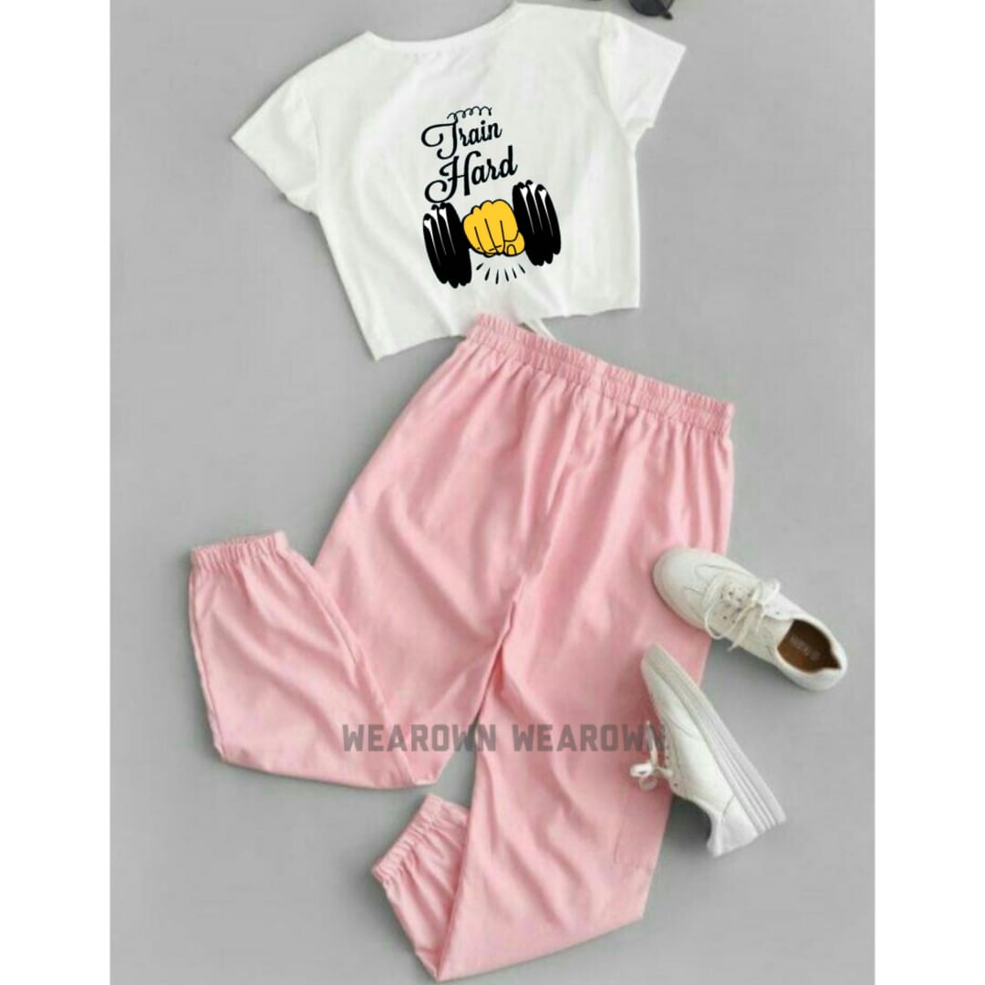 WHITE CROP TEE WITH TRAIN HARD PINK TROUSER TRACKSUIT