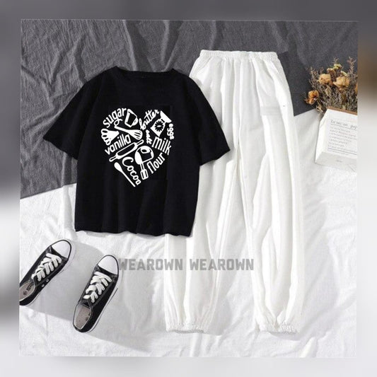 BLACK TEE WITH KITCHEN ITEMS WHITE TROUSER TRACKSUIT