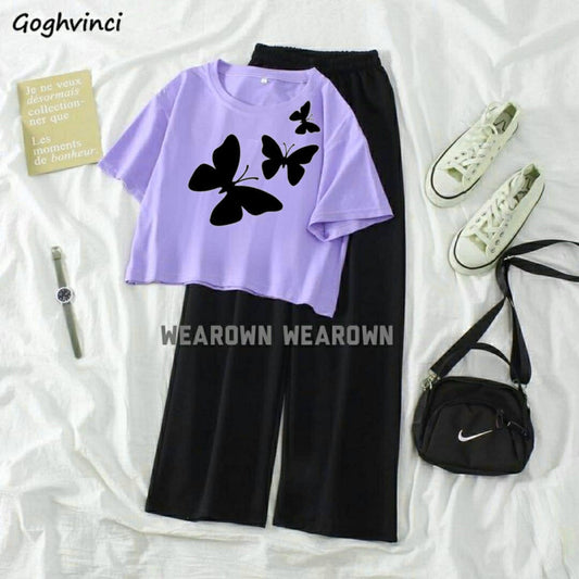 LILAC CROP TEE WITH 3 BLACK BUTTERFLY BLACK FLAPPER TRACKSUIT