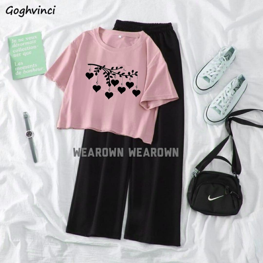 PINK CROP TEE WITH LEAVE NEW BLACK FLAPPER TRACKSUIT