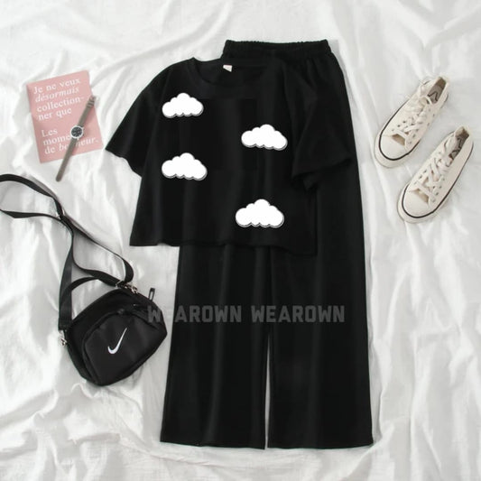 BLACK CROP TEE WITH ALL CLOUDS BLACK FLAPPER TRACKSUIT