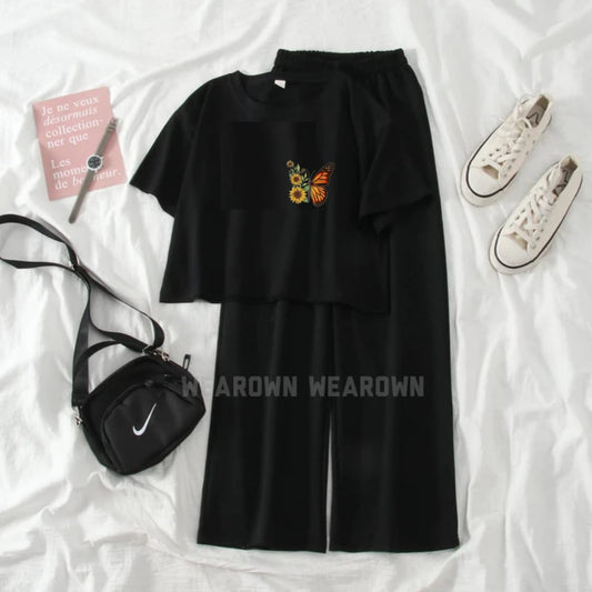 BLACK CROP TEE WITH POCKET SUNFLOWER BUTTERFLY BLACK FLAPPER TRACKSUIT