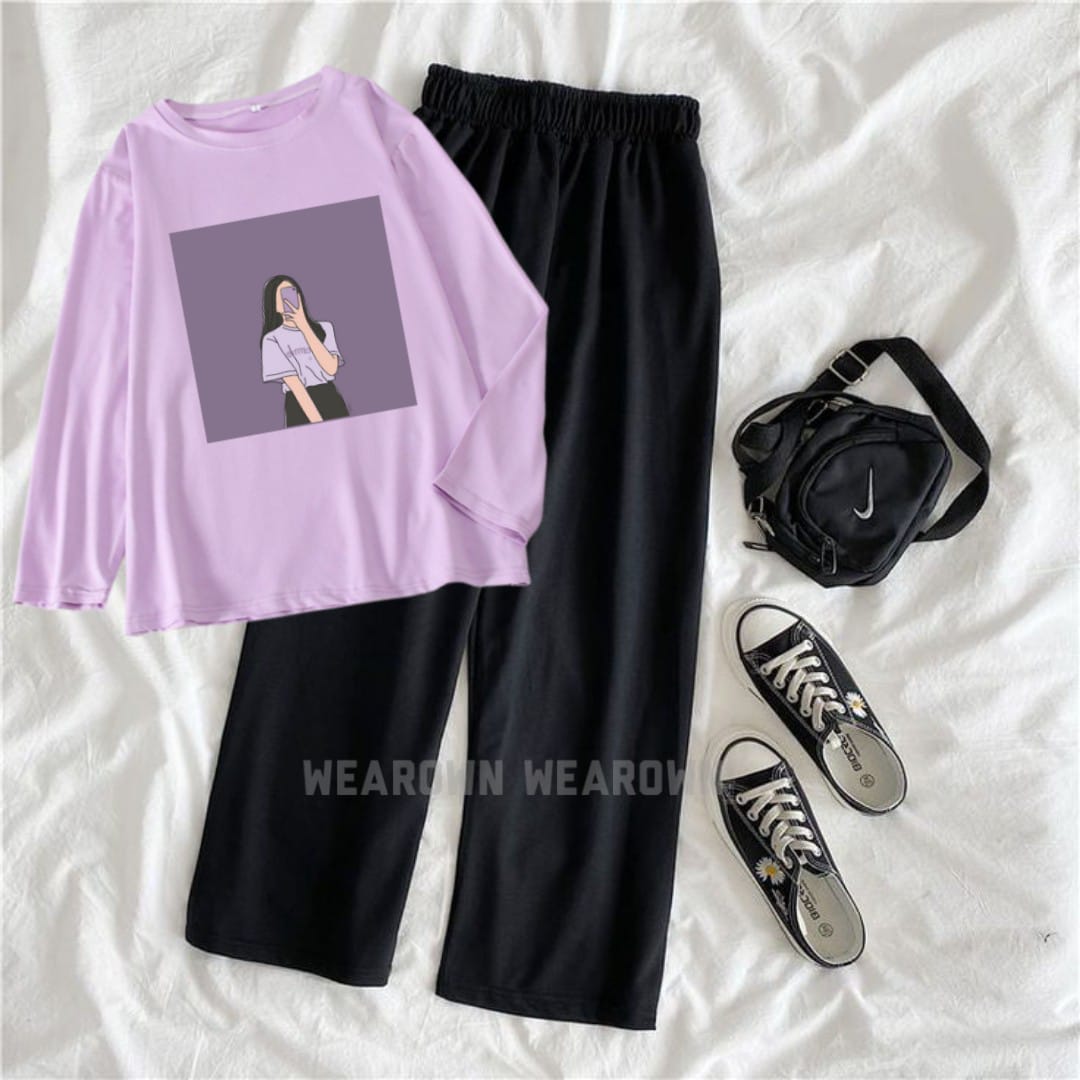 LILAC TEE FULL WITH SELFIE GIRL BLACK FLAPPER TRACKSUIT