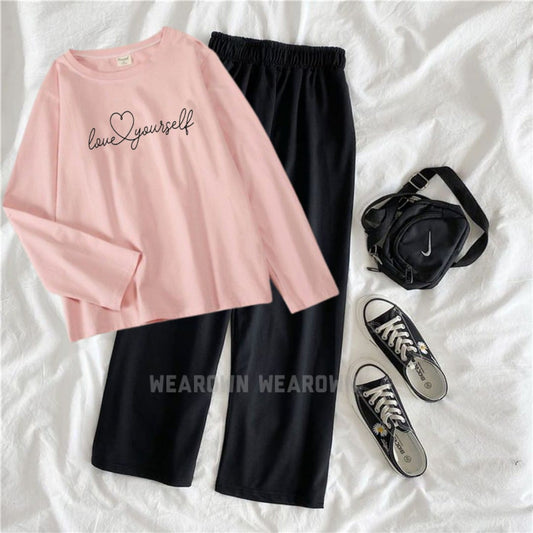 PINK TEE FULL WITH LOVE YOURSELF BLACK FLAPPER TRACKSUIT