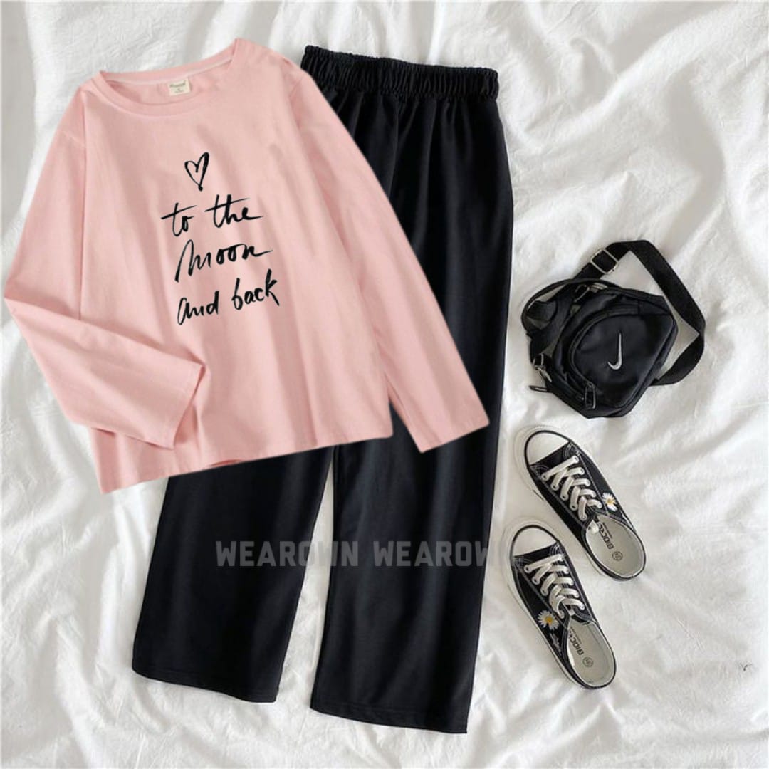 PINK TEE FULL WITH TO THE MOON AND BACK BLACK FLAPPER TRACKSUIT