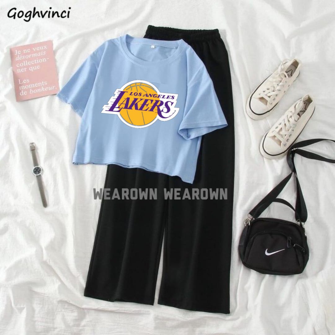 SKY BLUE CROP TEE WITH LOS ANGELES LAKERS BLACK FLAPPER TRACKSUIT