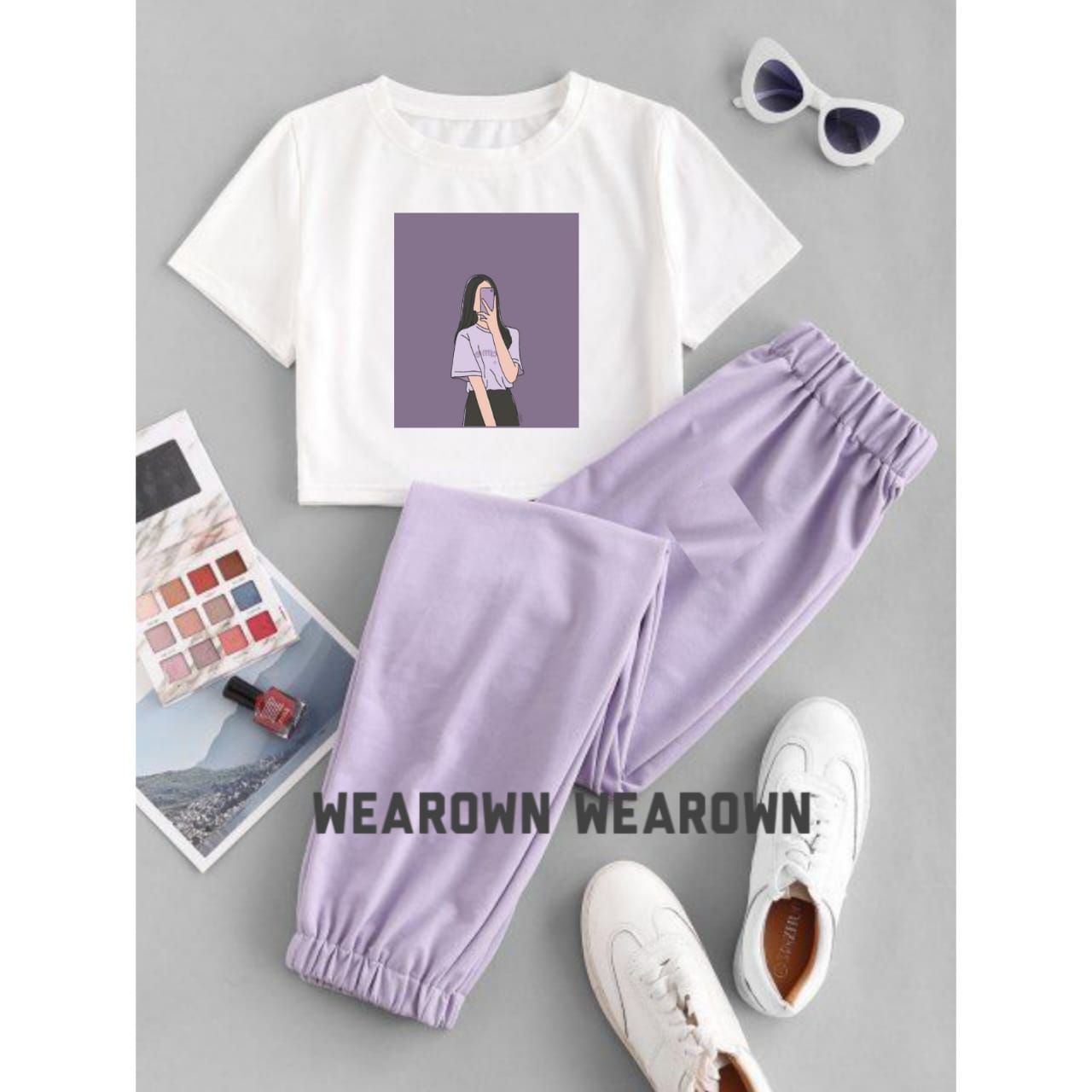 WHITE CROP TEE WITH SELFIE GIRL LILAC TROUSER TRACKSUIT