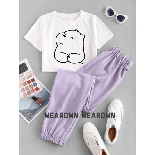 WHITE CROP TEE WITH BEAR NEW LILAC TROUSER TRACKSUIT