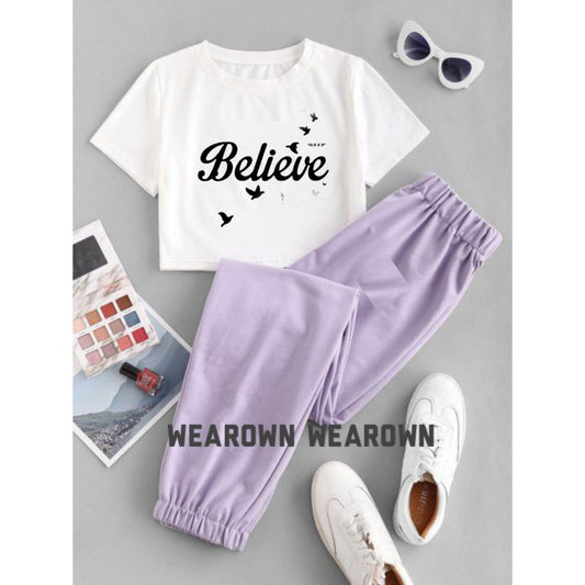 WHITE CROP TEE WITH BELIEVE BUTTERFLY LILAC TROUSER TRACKSUIT