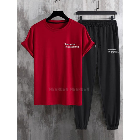 RED TEE WITH POCKET ROSES ARE RED  BLACK TROUSER WITH POCKET ROSES ARE RED