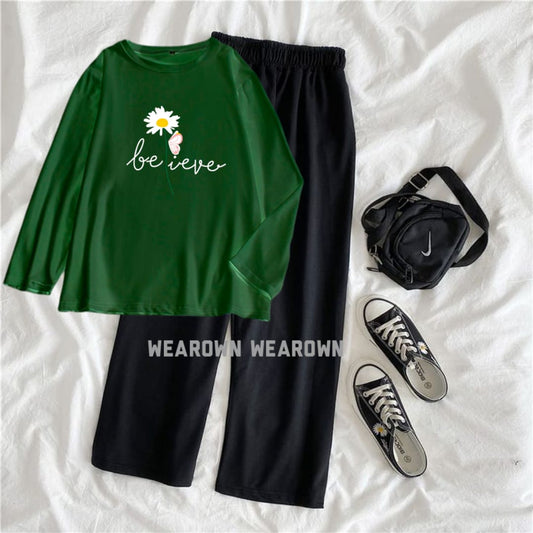 DARK GREEN TEE FULL WITH BELIEVE FLOWER BLACK FLAPPER