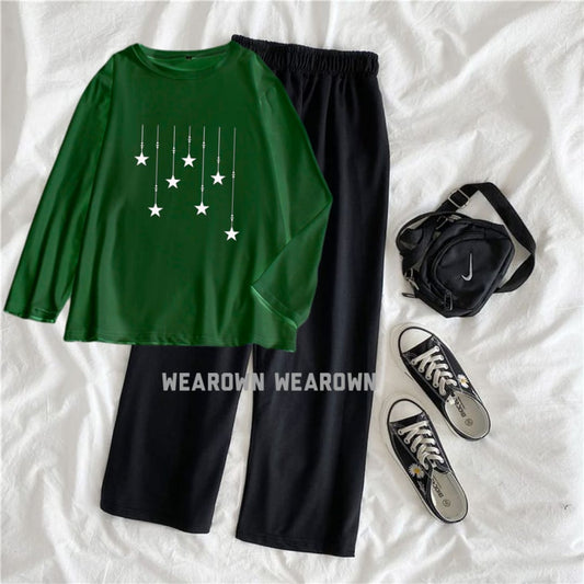 DARK GREEN TEE FULL WITH STAR BLACK FLAPPER TRACKSUIT