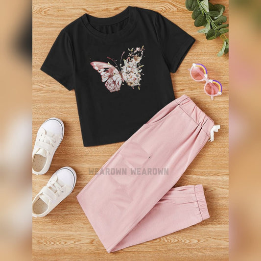 BLACK TEE WITH WHITE BUTTERFLY NEW PINK TROUSER TRACKSUIT