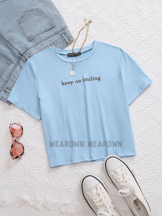 SKY BLUE TEE WITH KEEP ON SMILING
