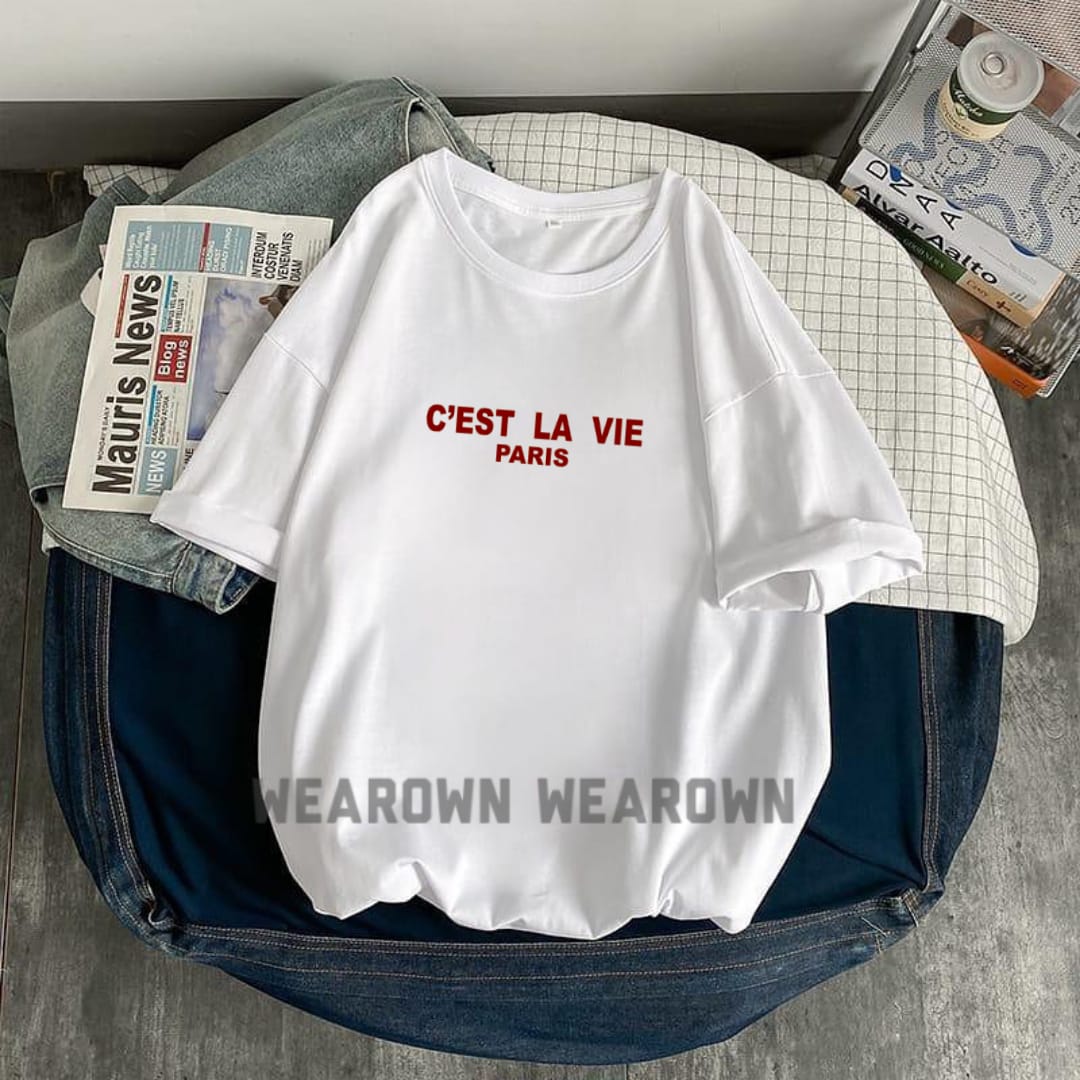WHITE TEE WITH RED CEST LA VIE PARIS