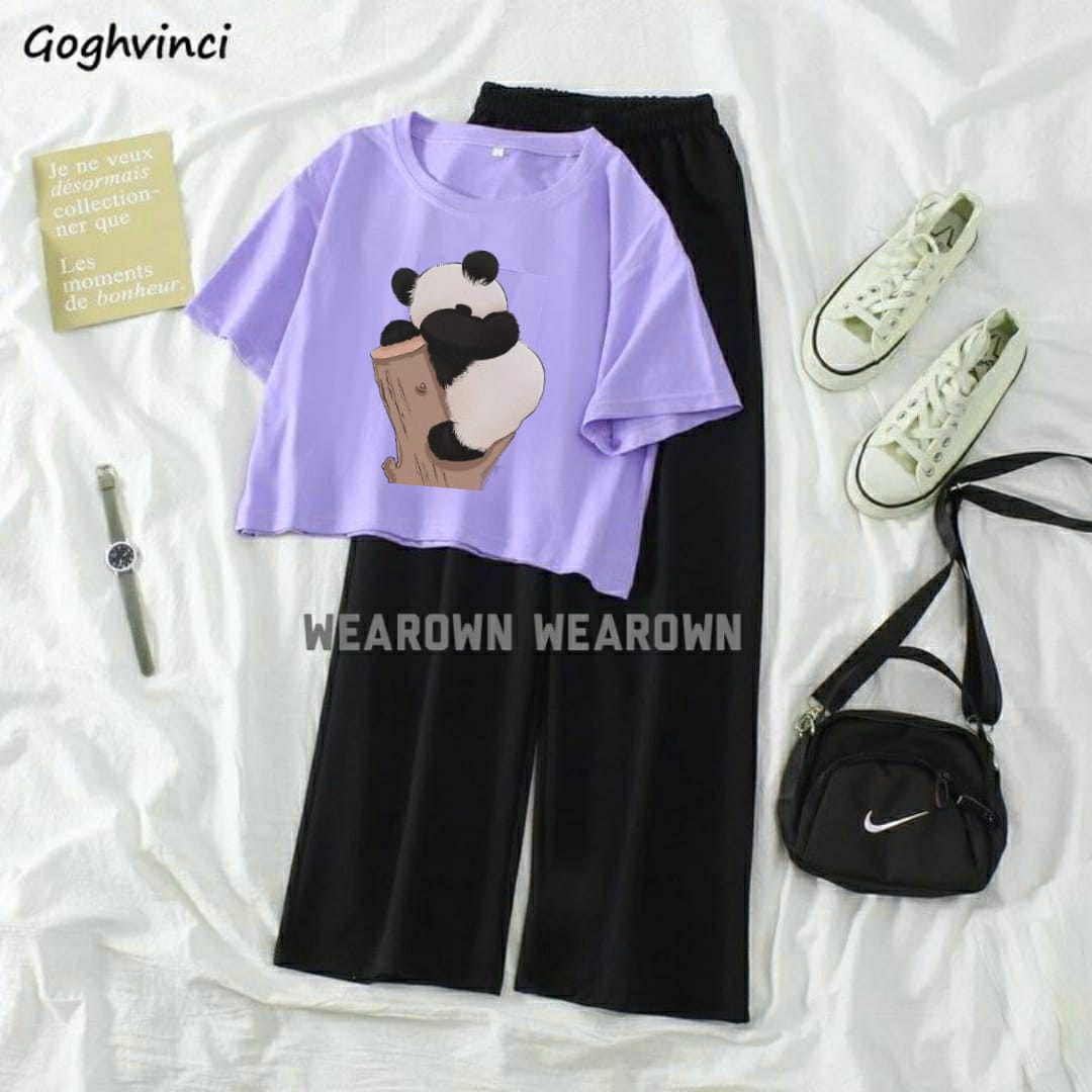 LILAC CROP TEE WITH PANDA SLEEPING ON TREES  BLACK FLAPPER