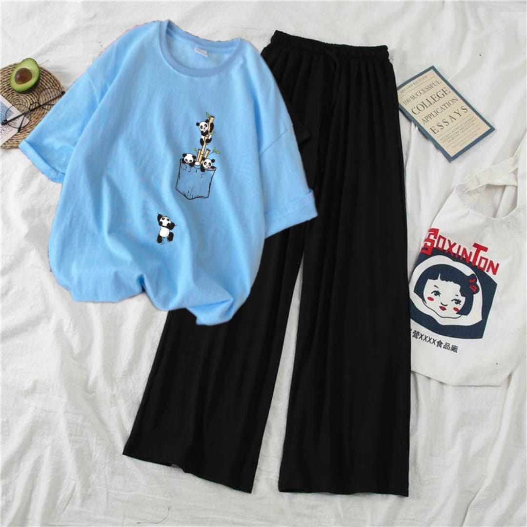 SKY BLUE TEE WITH PANDA FALLING FROM TREES  BLACK FLAPPER