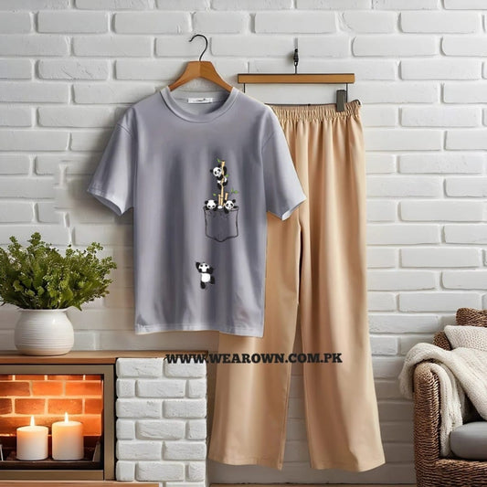 GREY TEE WITH PANDA FALLING FROM TREES SKIN FLAPPER